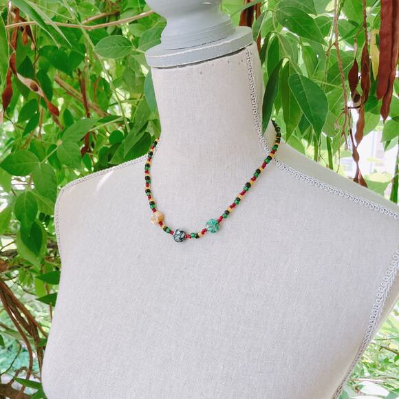 VTG 90s Mosaic Glass Beaded Necklace Red Yellow Green Afrocentric Boho Style - Picture 3 of 11